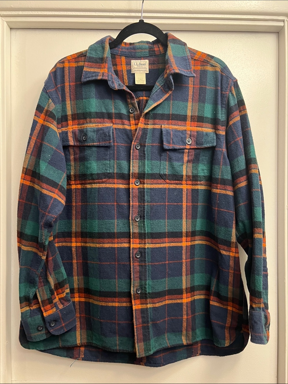 L.L. Bean Navy Green Orange Plaid Flannel Shirt Men’s Traditional Fit Size Large